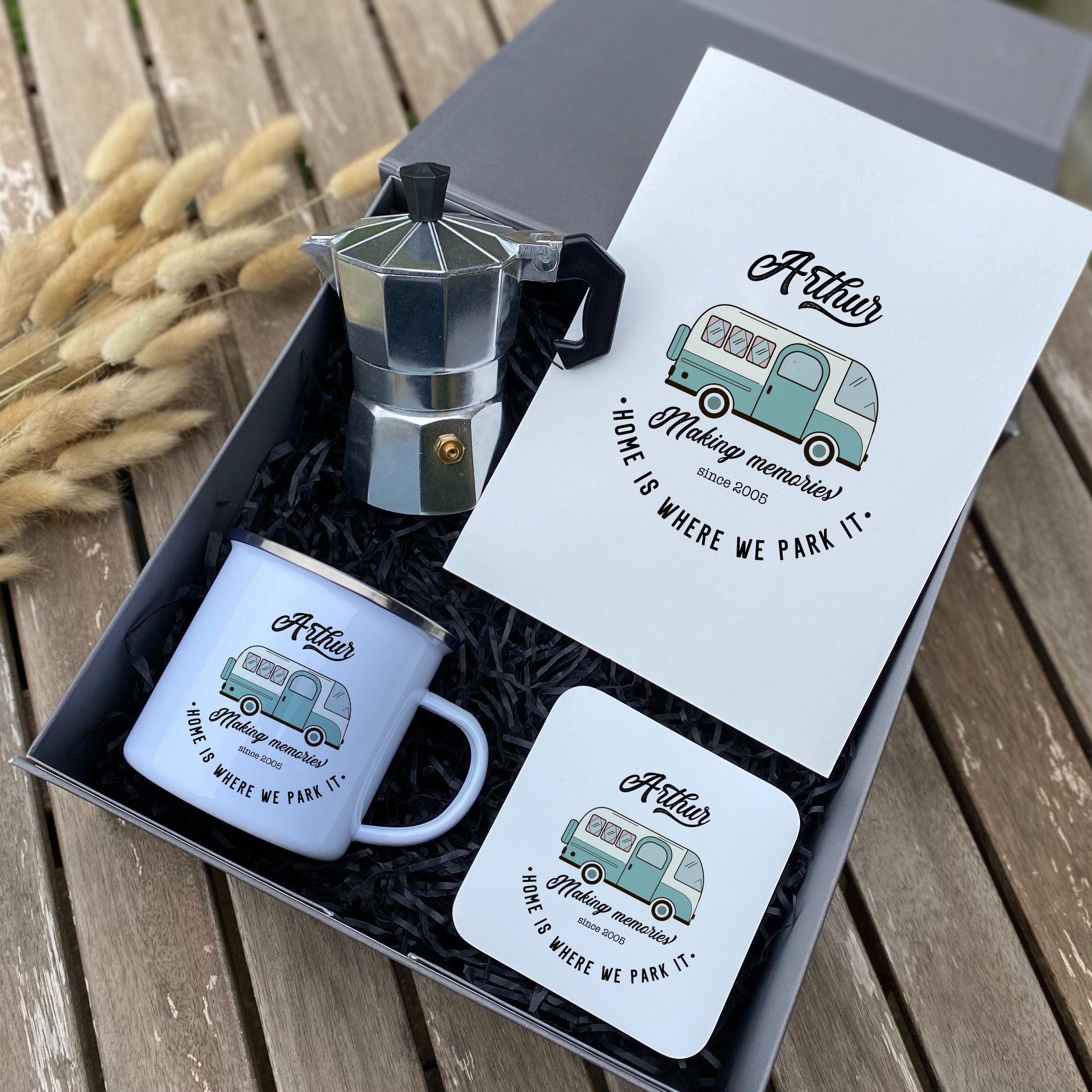 Campervan Enamel Camp Mug SET with coffee maker coaster card, Personalised motorhome Gift
