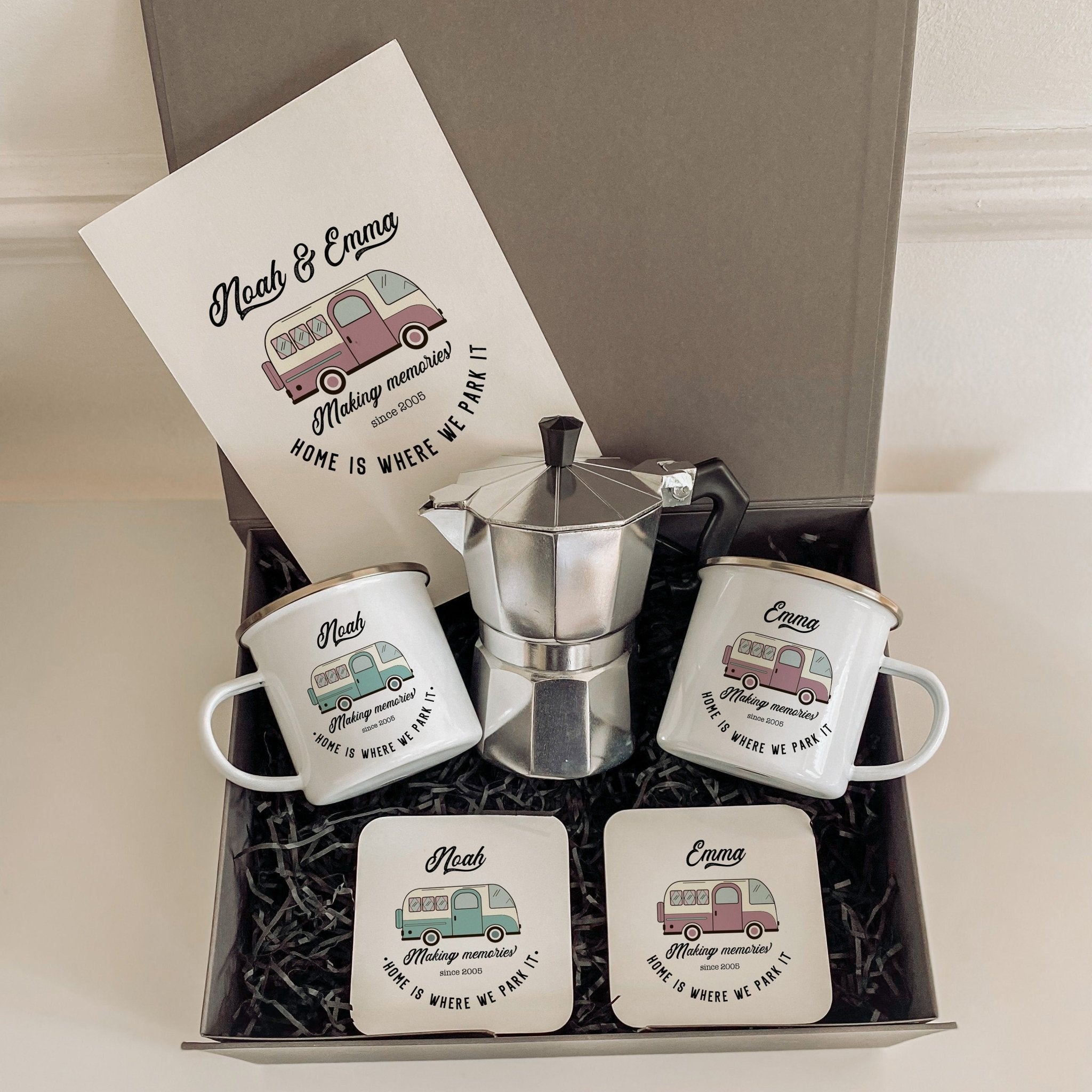 Campervan Enamel Camp Mug SET with coffee maker coaster, Personalised motorhome Gift