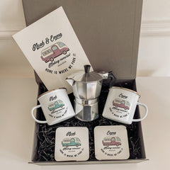 Campervan Enamel Camp Mug SET with coffee maker coaster, Personalised motorhome Gift