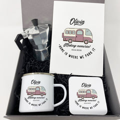 Campervan Enamel Camp Mug SET with coffee maker coaster, Personalised motorhome Gift
