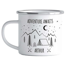 Campervan Enamel Camping Mug, Personalised Nature Camp Mug With Tent And Mountains