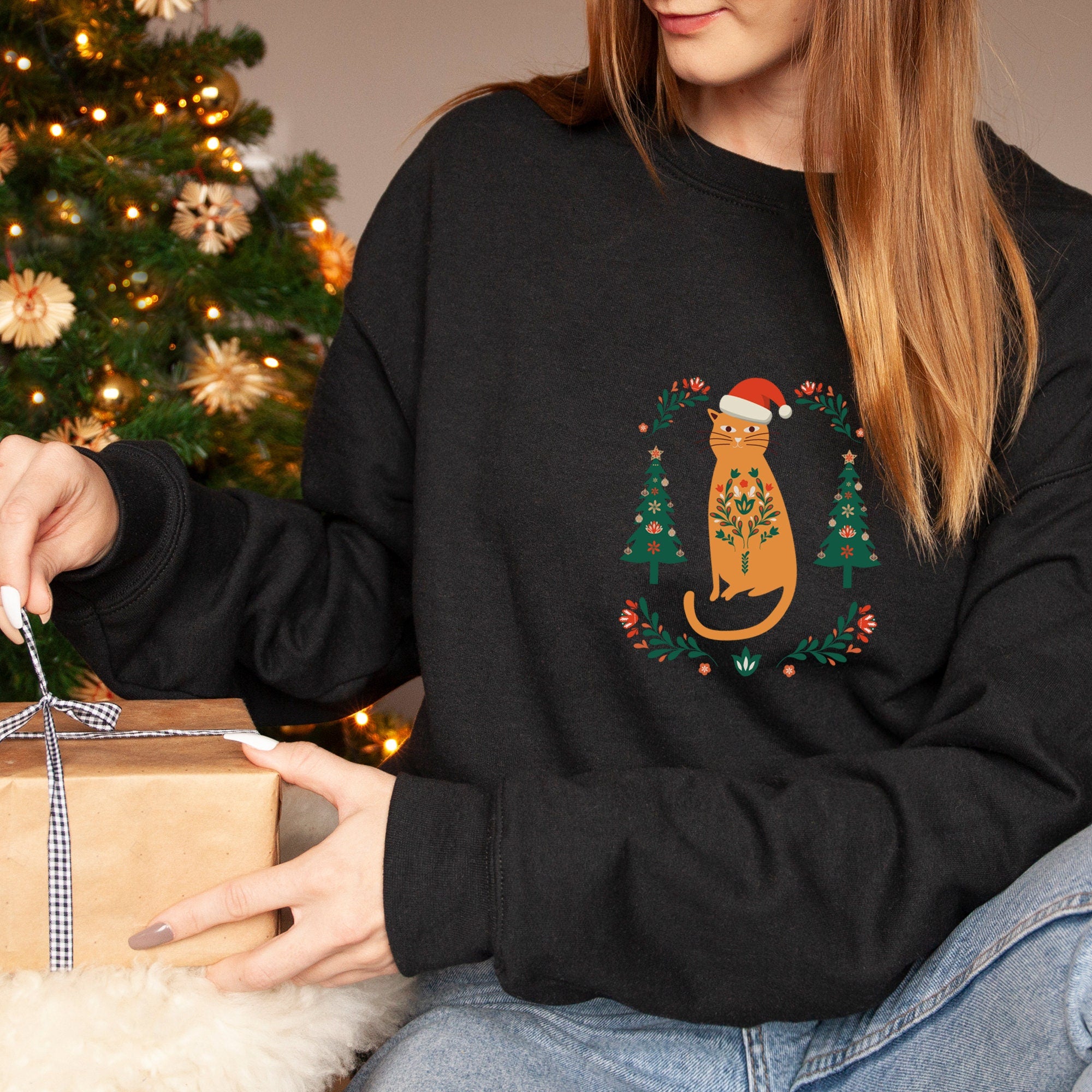 Cat With Santa Hat Christmas Jumper, Unisex Adult & Kids Sizes, Cat Owner Gift, Matching Family