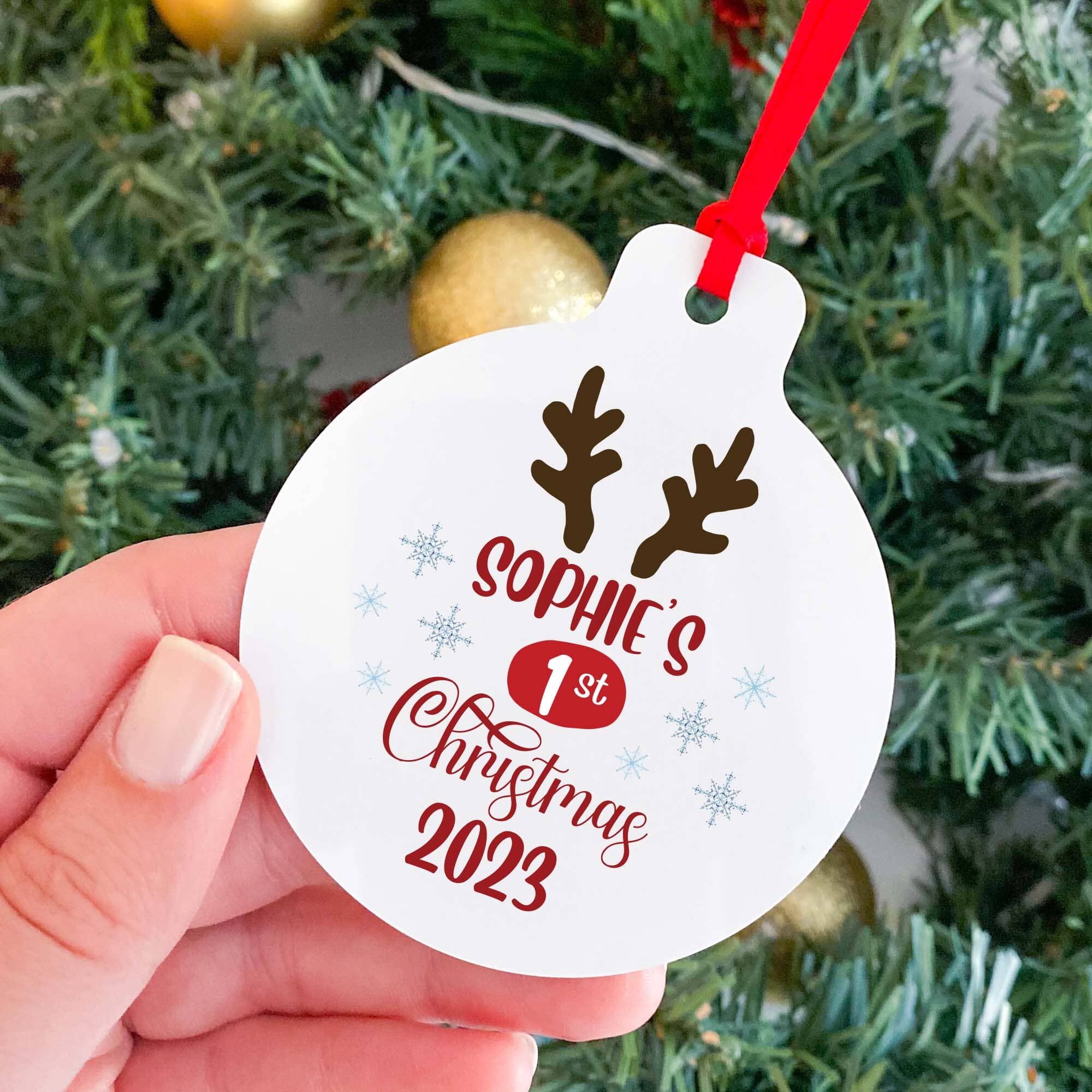 Children's Personalised Christmas Tree Ornament with Name, Flat Metal Bauble, Baby Kids First Xmas Keepsake