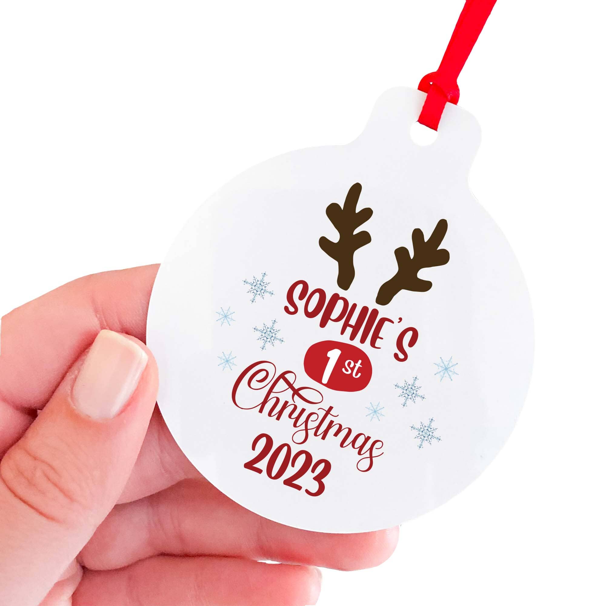 Children's Personalised Christmas Tree Ornament with Name, Flat Metal Bauble, Baby Kids First Xmas Keepsake