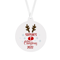 Children's Personalised Christmas Tree Ornament with Name, Flat Metal Bauble, Baby Kids First Xmas Keepsake