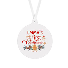 Children'S Personalised First Christmas Ornament With Name, Flat Metal Bauble, Baby Kids First Xmas Keepsake