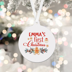 Children'S Personalised First Christmas Ornament With Name, Flat Metal Bauble, Baby Kids First Xmas Keepsake