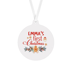 Children'S Personalised First Christmas Ornament With Name, Flat Metal Bauble, Baby Kids First Xmas Keepsake