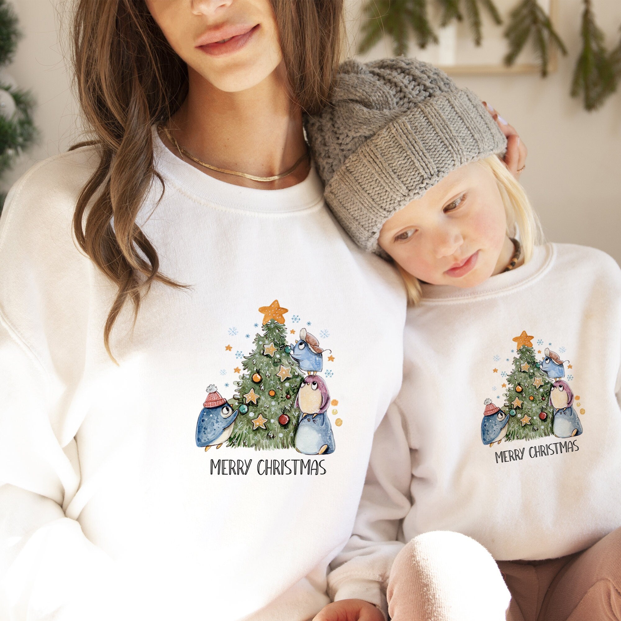 Christmas Jumper With Cute Penguins And Tree, Xmas Sweatshirt, Cosy Christmas Jumper For Women