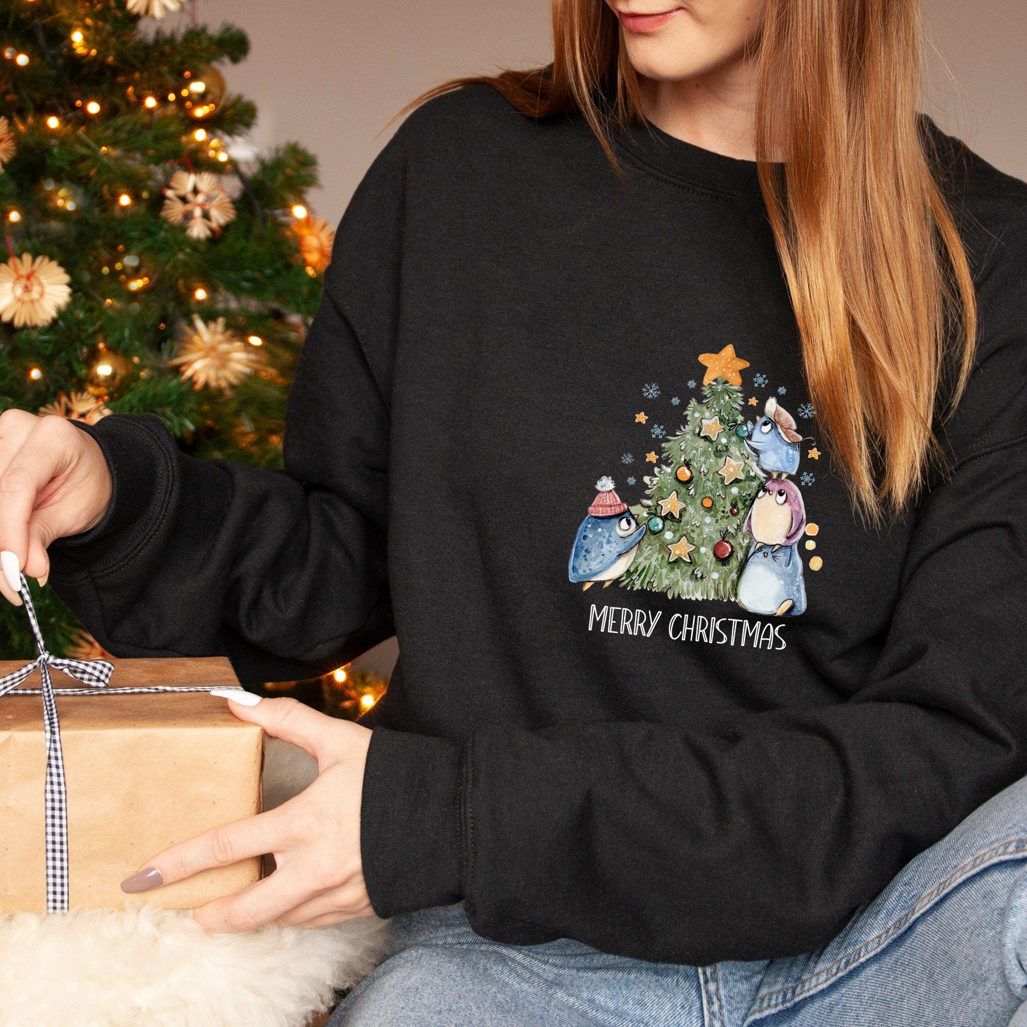 Christmas Jumper With Cute Penguins And Tree, Xmas Sweatshirt, Cosy Christmas Jumper For Women