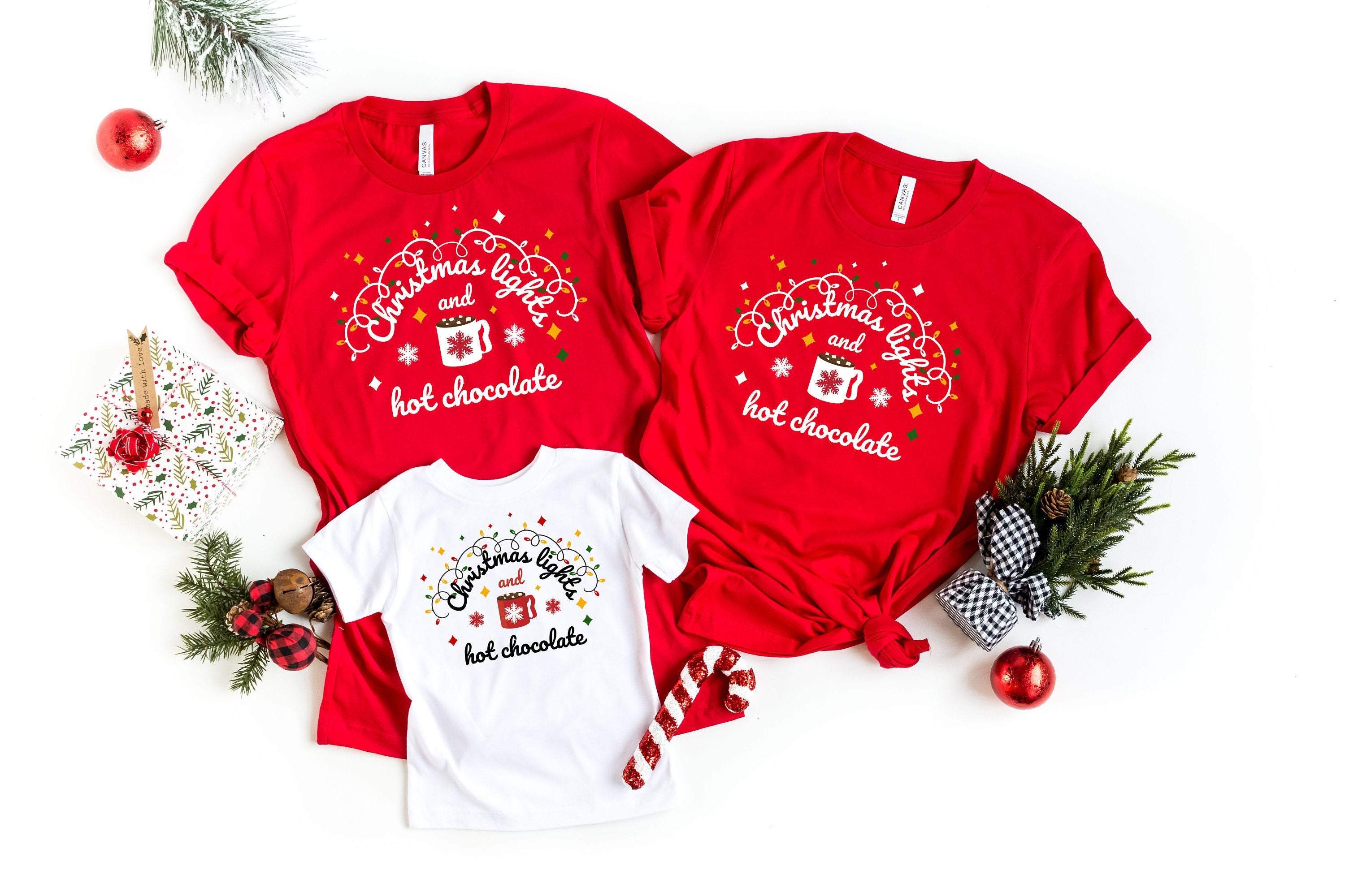 Christmas lights and hot chocolate T-shirts, 2020 Matching Family Christmas outfit