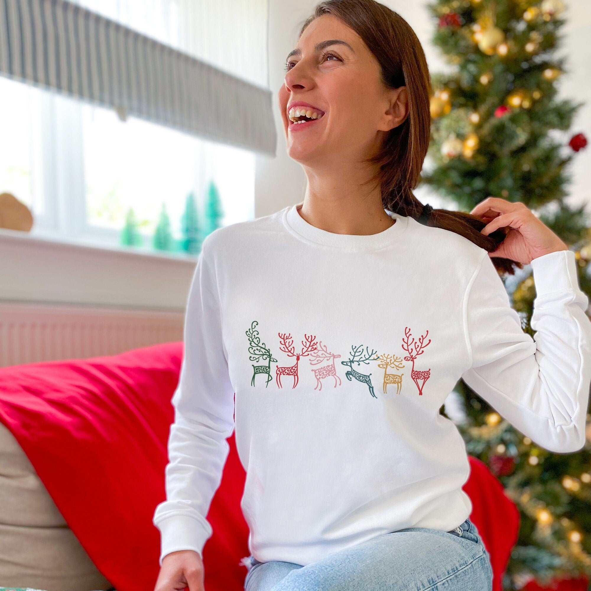 Christmas Reindeer Jumper For Her and Him, ADULT KIDS Size, UNISEX Modern Xmas Sweatshirt