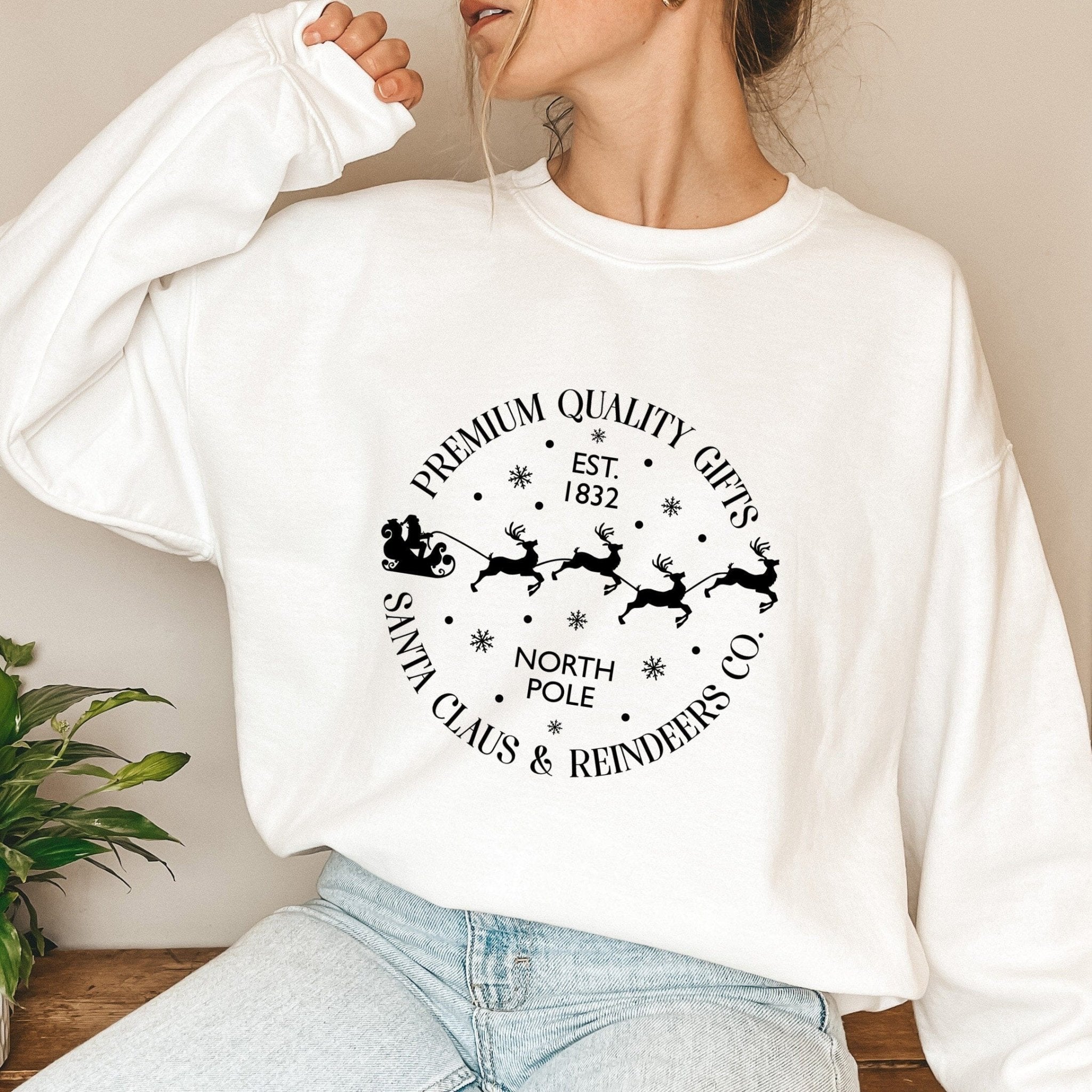 Christmas Sweatshirt, Xmas Outfit, Unique Design Santa Claus And Reindeers Co., Retro Sweatshirt