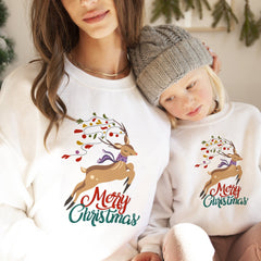 Colourful Reindeer Merry Christmas Jumper, Unisex Adult Kids Sizes, Rudolph Matching Family Sweatshirt