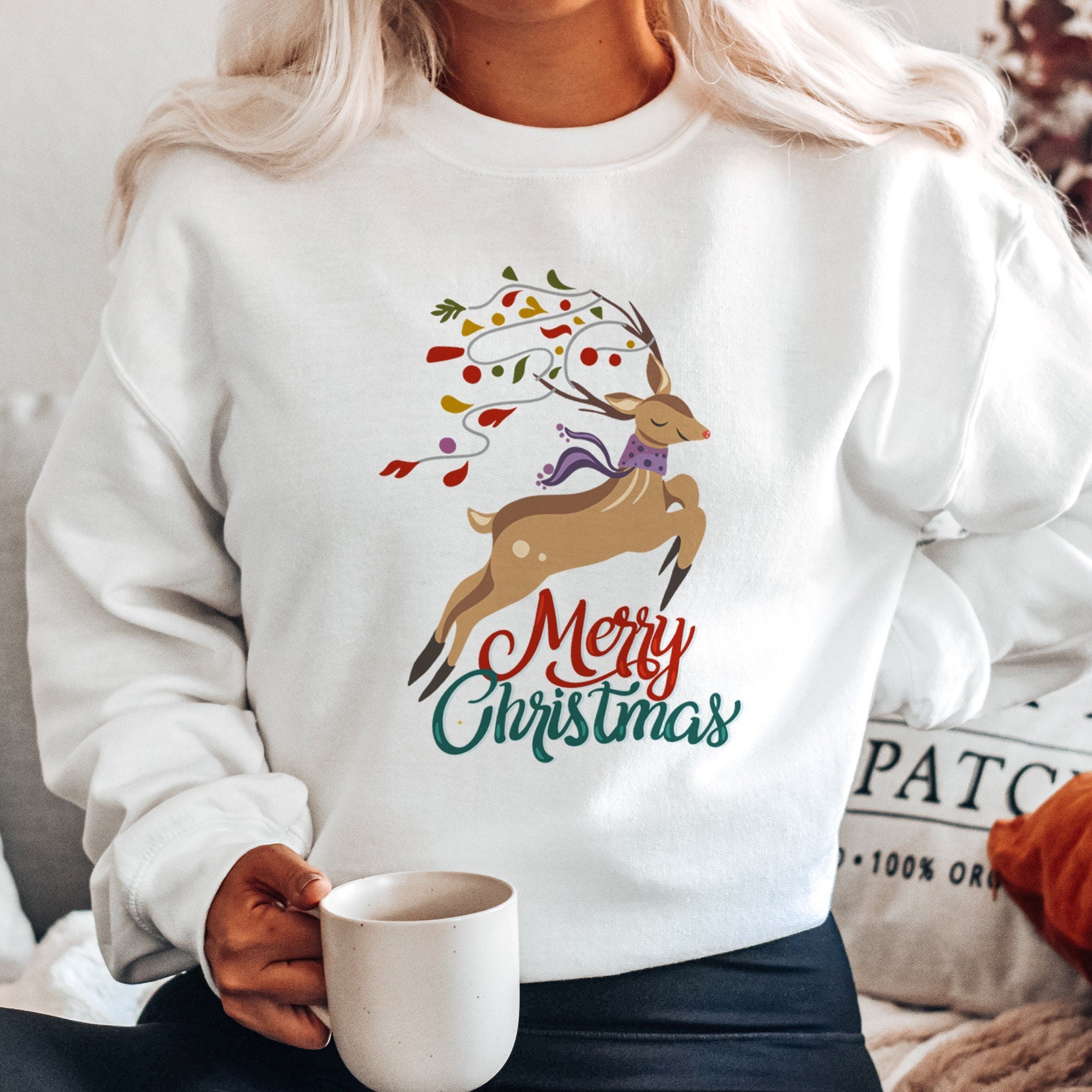 Colourful Reindeer Merry Christmas Jumper, Unisex Adult Kids Sizes, Rudolph Matching Family Sweatshirt