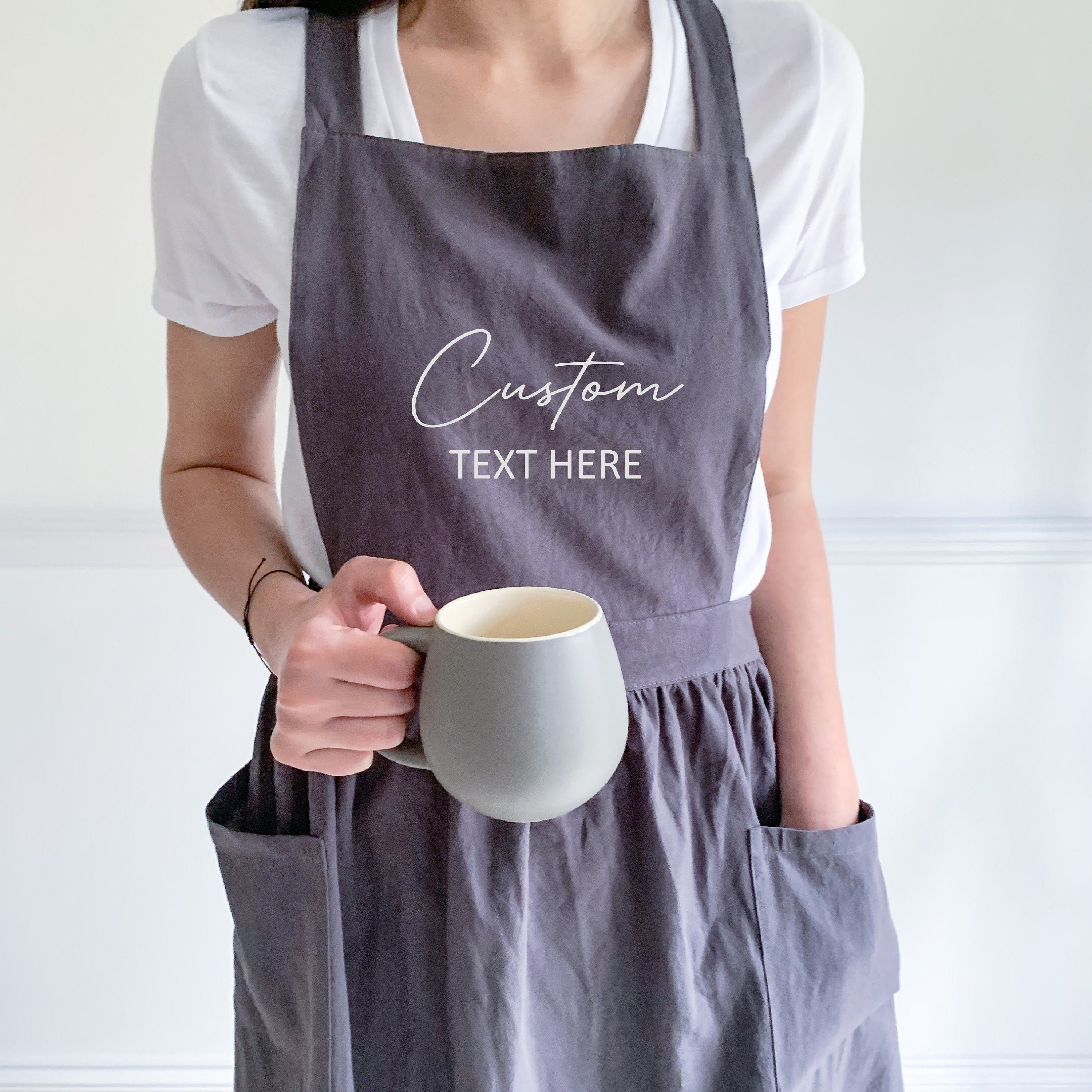 Custom Cooking Linen Apron With Pockets, Gift For Her Womens Apron Custom Text, Mother'S Day Present