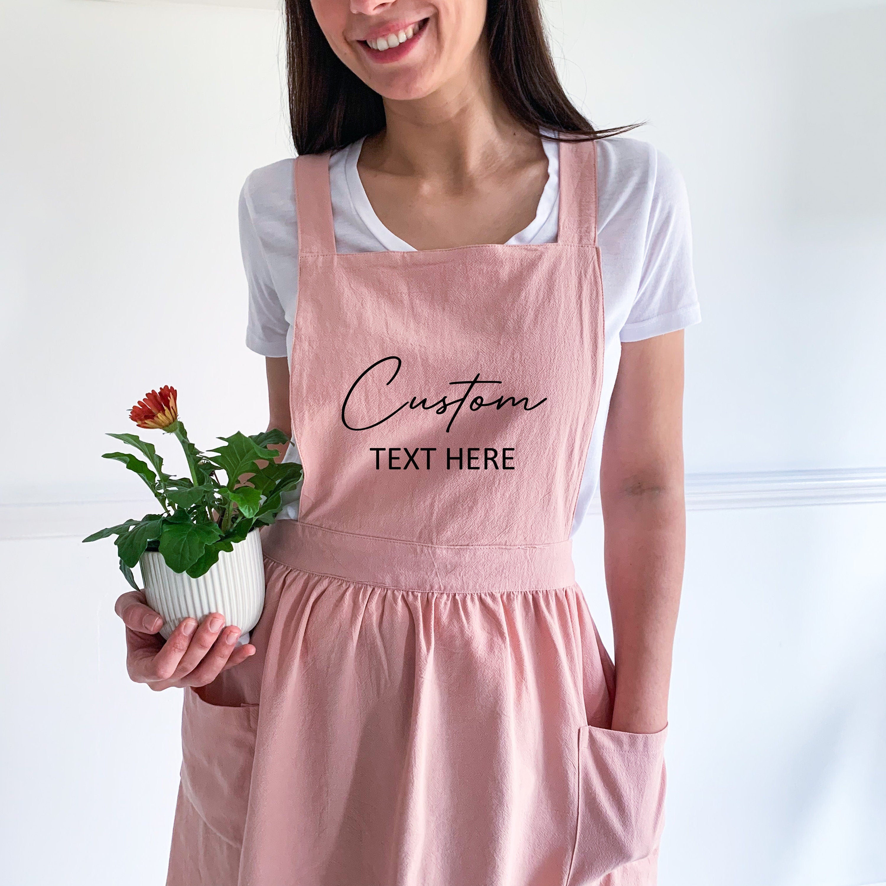 Custom Cooking Linen Apron With Pockets, Gift For Her Womens Apron Custom Text, Mother'S Day Present