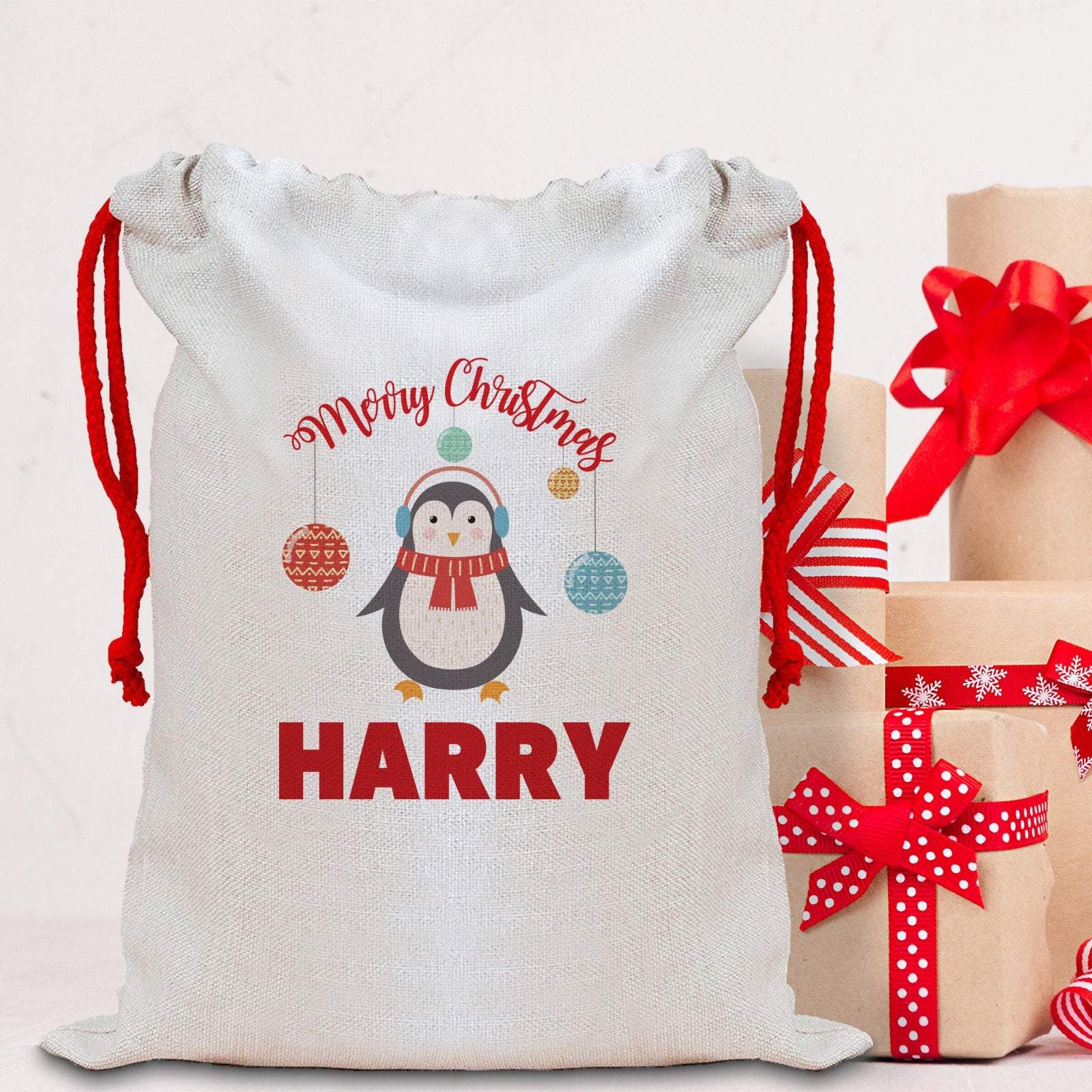 Cute Penguin Christmas Sack with a name, Personalised Large Linen Santa Sack