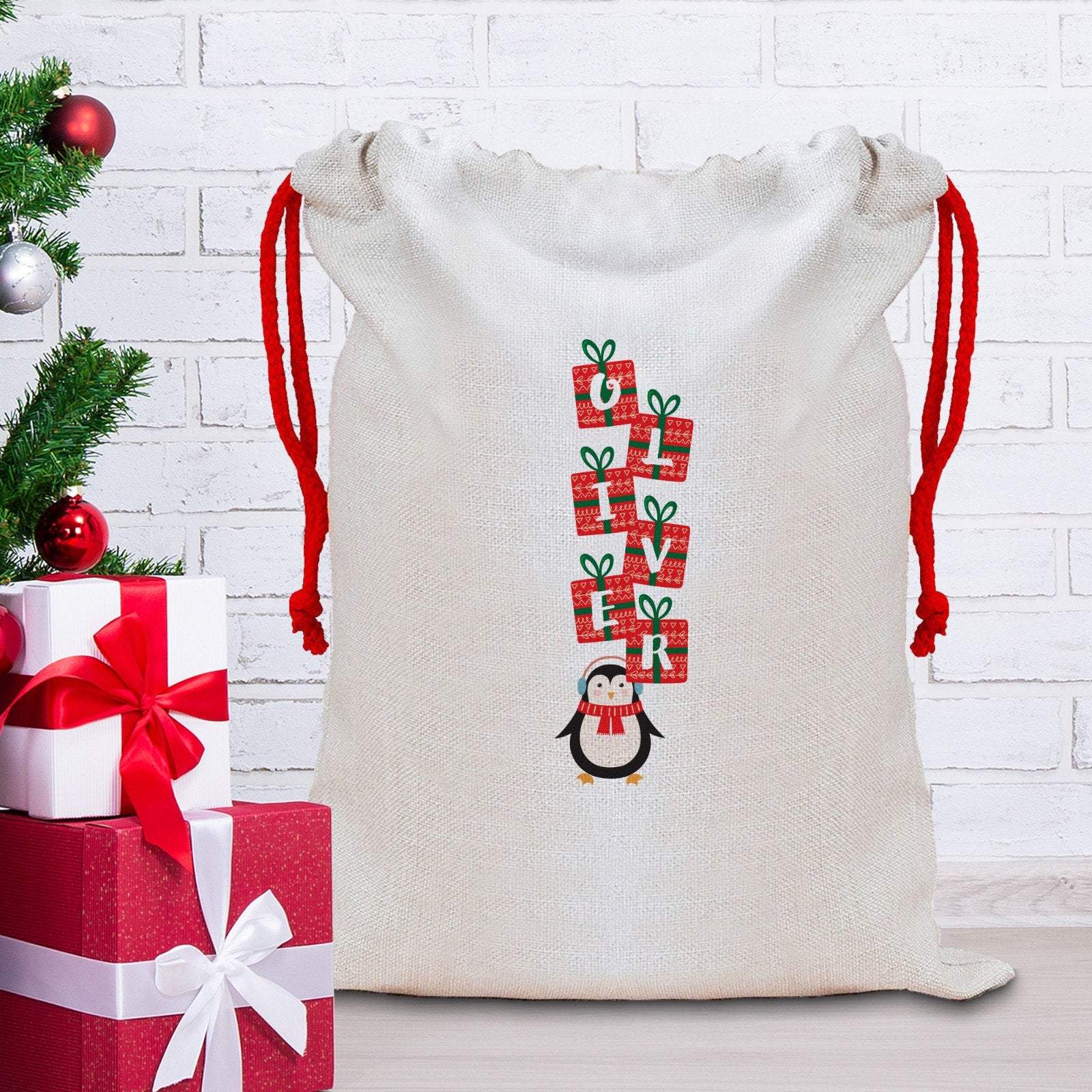 Cute Penguin Christmas Sack with a name, Personalised Large Linen Santa Sack, Xmas Gift Sacks