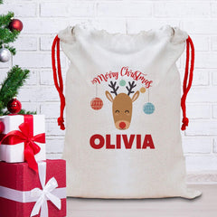 Cute Reindeer Christmas Sack with a name, Personalised Large Linen Santa Bag