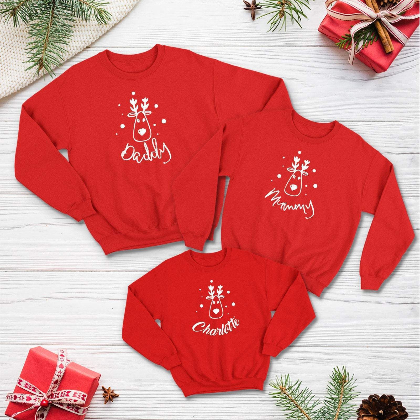 Cute Reindeer Matching Family Christmas Jumper, Family Christmas Pyjamas Top