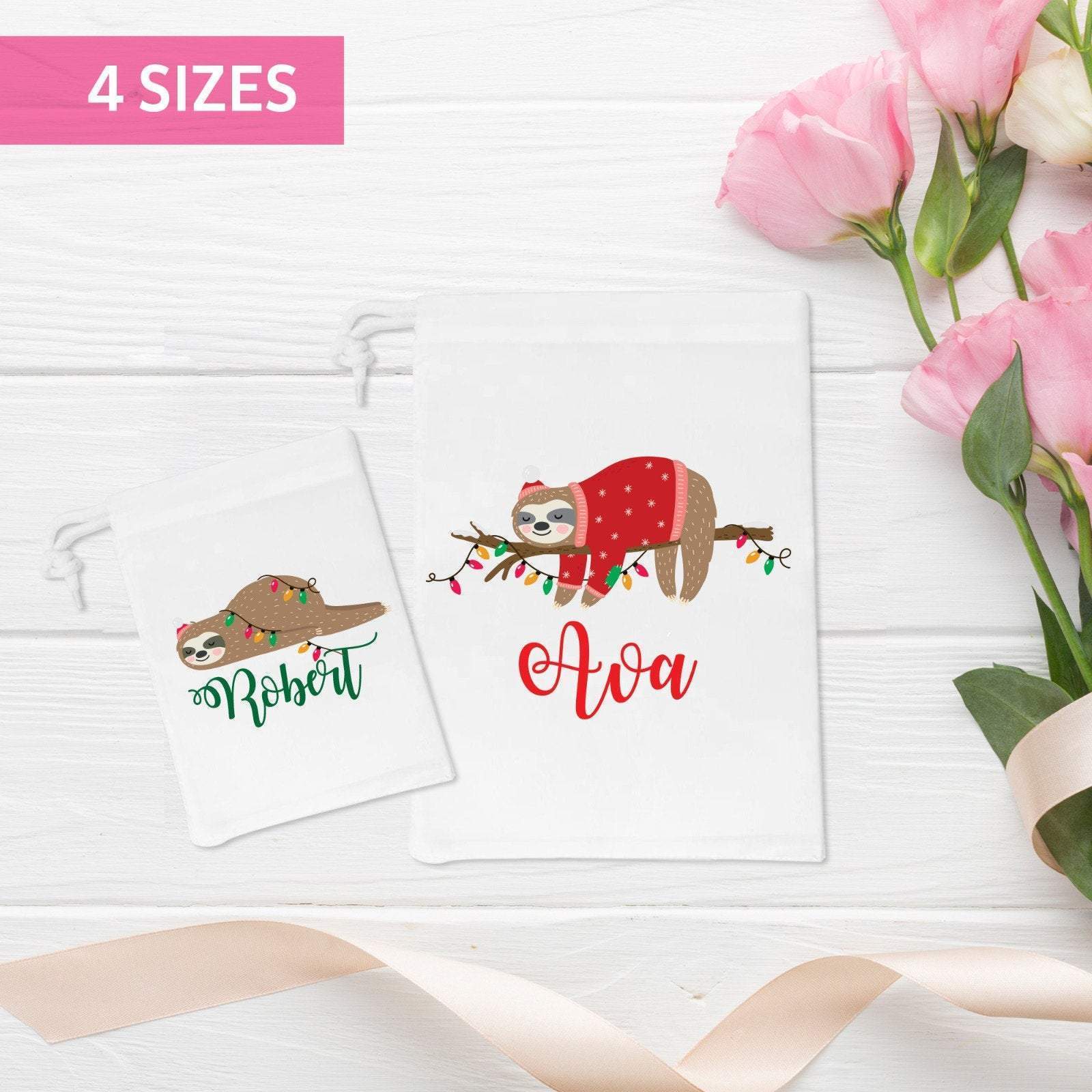 Cute Sloth Personalised drawstring gift bag, Easy way to wrap your gifts, Sloth family, Christmas favor bag