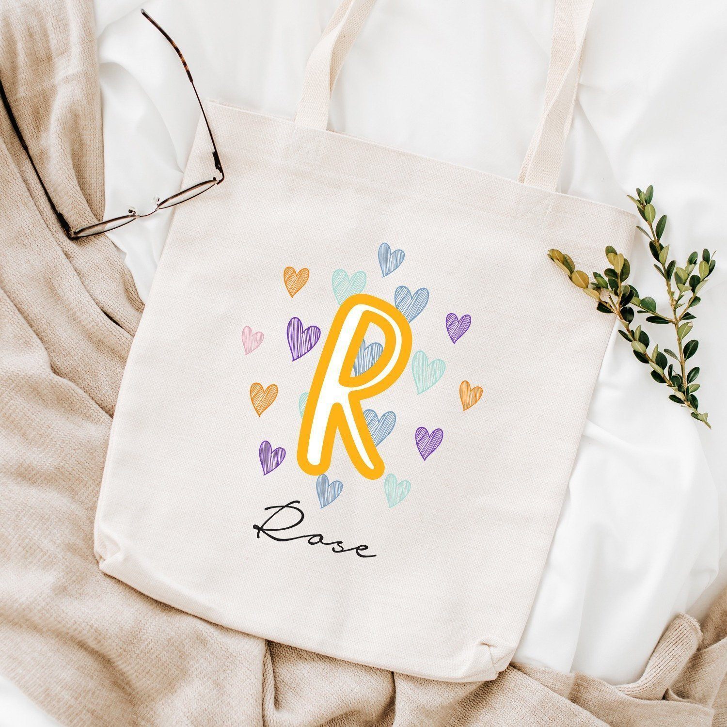 Cute tote bag with name and initial, Gift for her, Personalised shopping bag