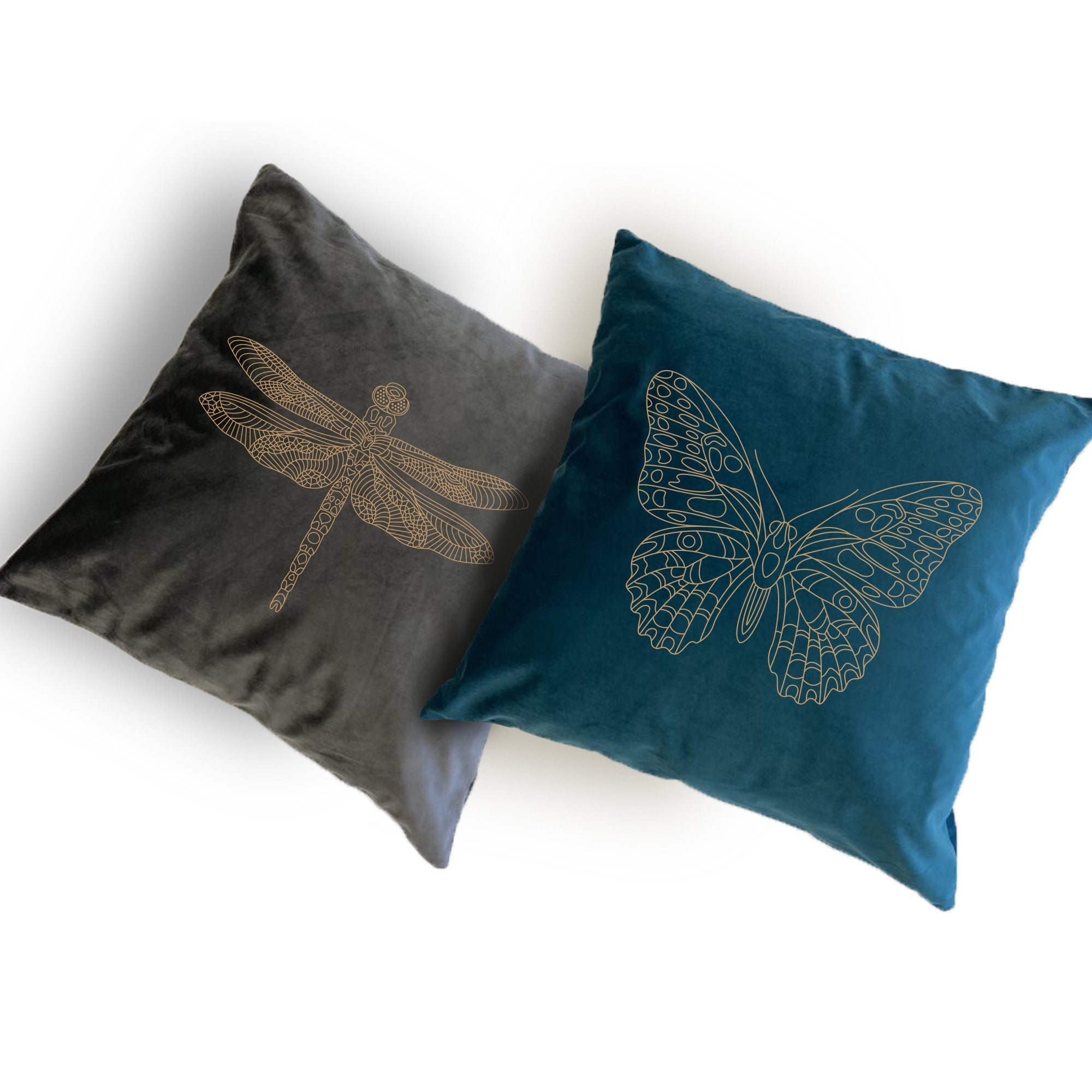 Decorative Velvet Cushion, Butterfly Dragonfly Scorpion Spider Gold foil print, Throw Pillow