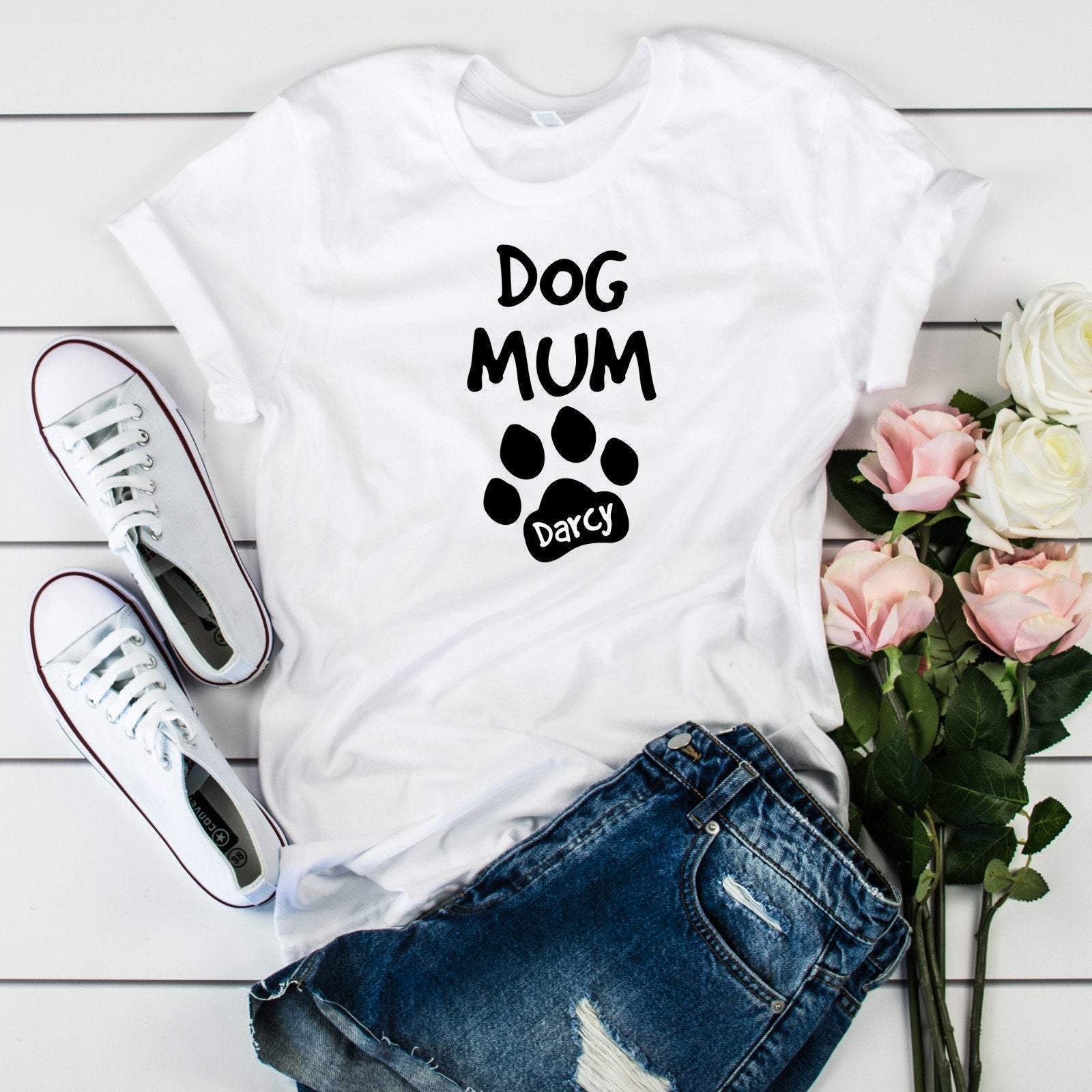 Dog mug with a dog name T-shirt, Paw prints tee, Unique gift for pet lover