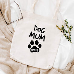 Dog mum tote bag with a dog name, Paw prints tote bag, Dog lover birthday gift