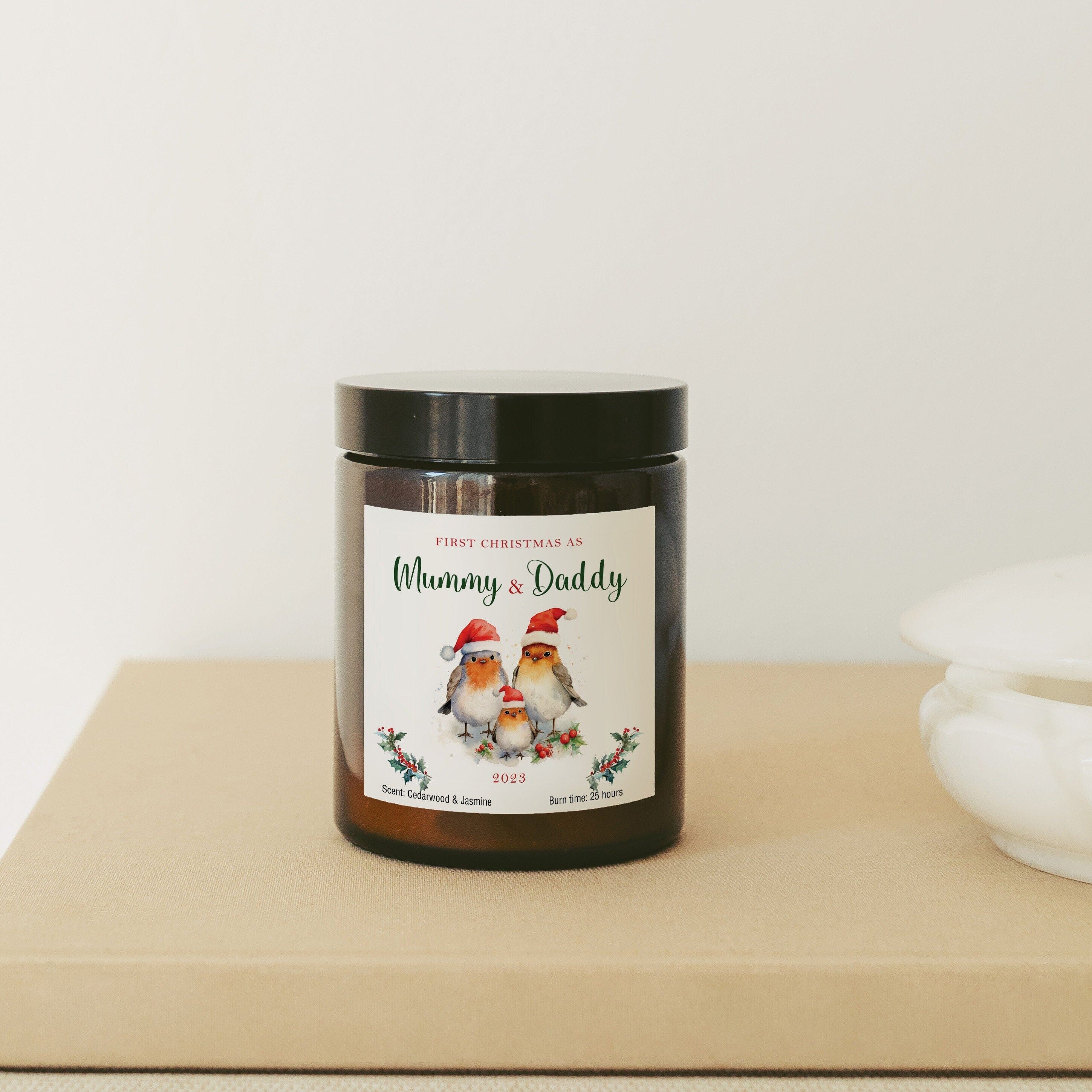 First Christmas as Mummy Daddy Candle, New Mum Dad Christmas Gift, Robin Family with Santa Hat
