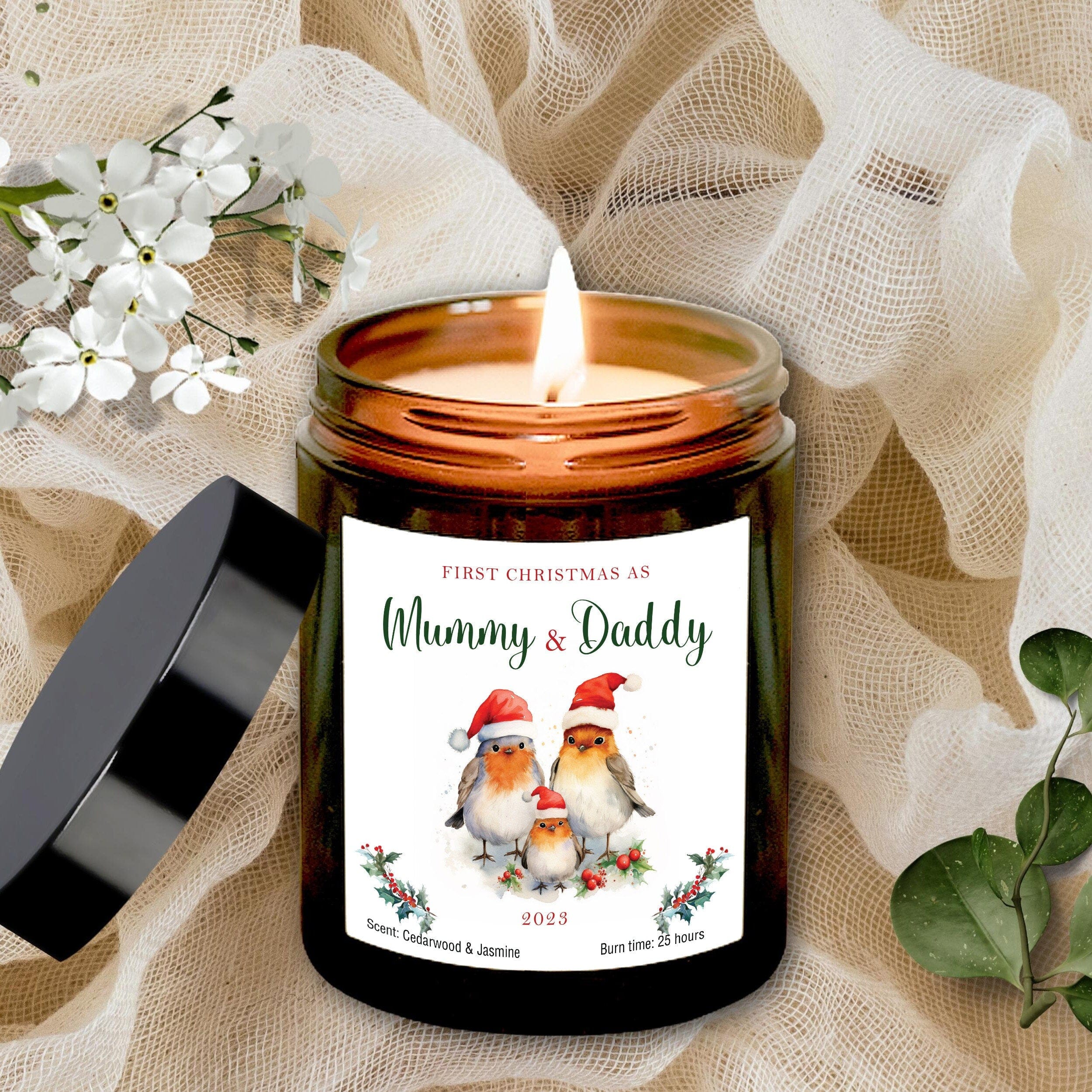 First Christmas as Mummy Daddy Candle, New Mum Dad Christmas Gift, Robin Family with Santa Hat
