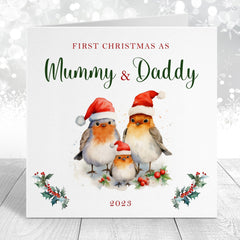 First Christmas as Mummy Daddy Christmas Card, Robin Family with Santa Hat, 1st Xmas as a family, Mum Dad Card