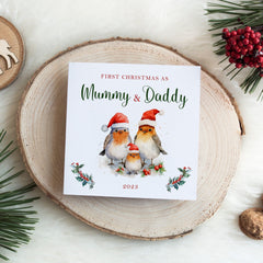 First Christmas as Mummy Daddy Christmas Card, Robin Family with Santa Hat, 1st Xmas as a family, Mum Dad Card