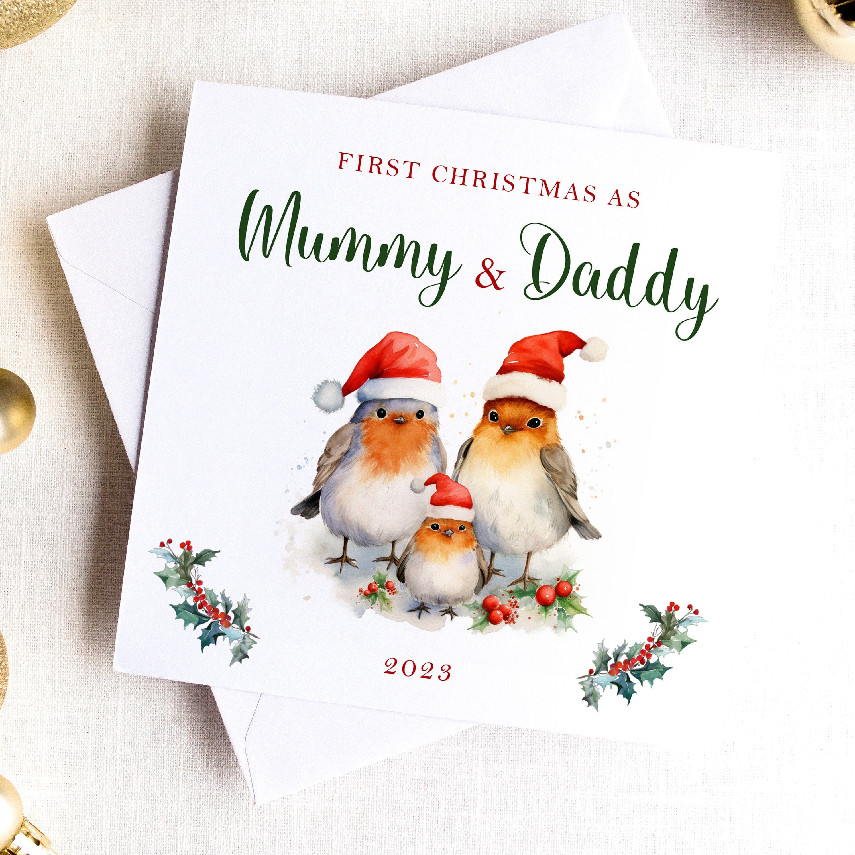 First Christmas as Mummy Daddy Christmas Card, Robin Family with Santa Hat, 1st Xmas as a family, Mum Dad Card