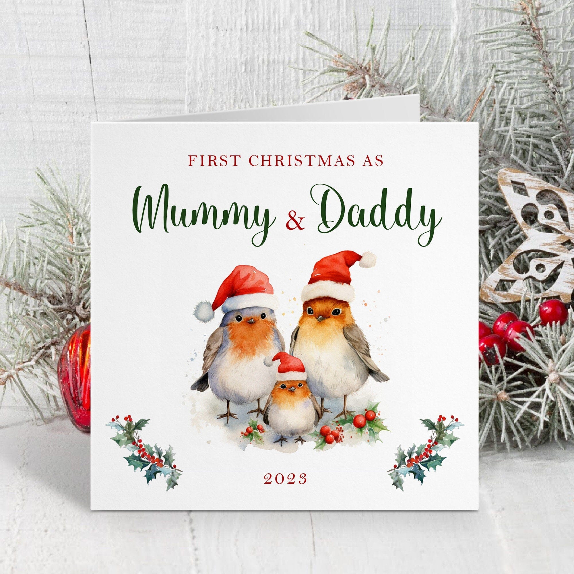 First Christmas as Mummy Daddy Christmas Card, Robin Family with Santa Hat, 1st Xmas as a family, Mum Dad Card