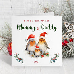 First Christmas as Mummy Daddy Christmas Card, Robin Family with Santa Hat, 1st Xmas as a family, Mum Dad Card