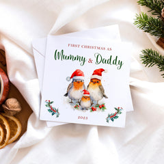 First Christmas as Mummy Daddy Christmas Card, Robin Family with Santa Hat, 1st Xmas as a family, Mum Dad Card