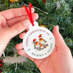 First Christmas as Mummy Daddy Christmas Metal Ornament, Robin Family with Santa Hat, 1st Xmas as a family