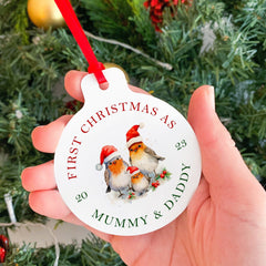 First Christmas as Mummy Daddy Christmas Metal Ornament, Robin Family with Santa Hat, 1st Xmas as a family