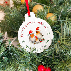 First Christmas as Mummy Daddy Christmas Metal Ornament, Robin Family with Santa Hat, 1st Xmas as a family