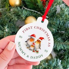 First Christmas as Mummy Daddy Christmas Metal Ornament, Robin Family with Santa Hat, 1st Xmas as a family