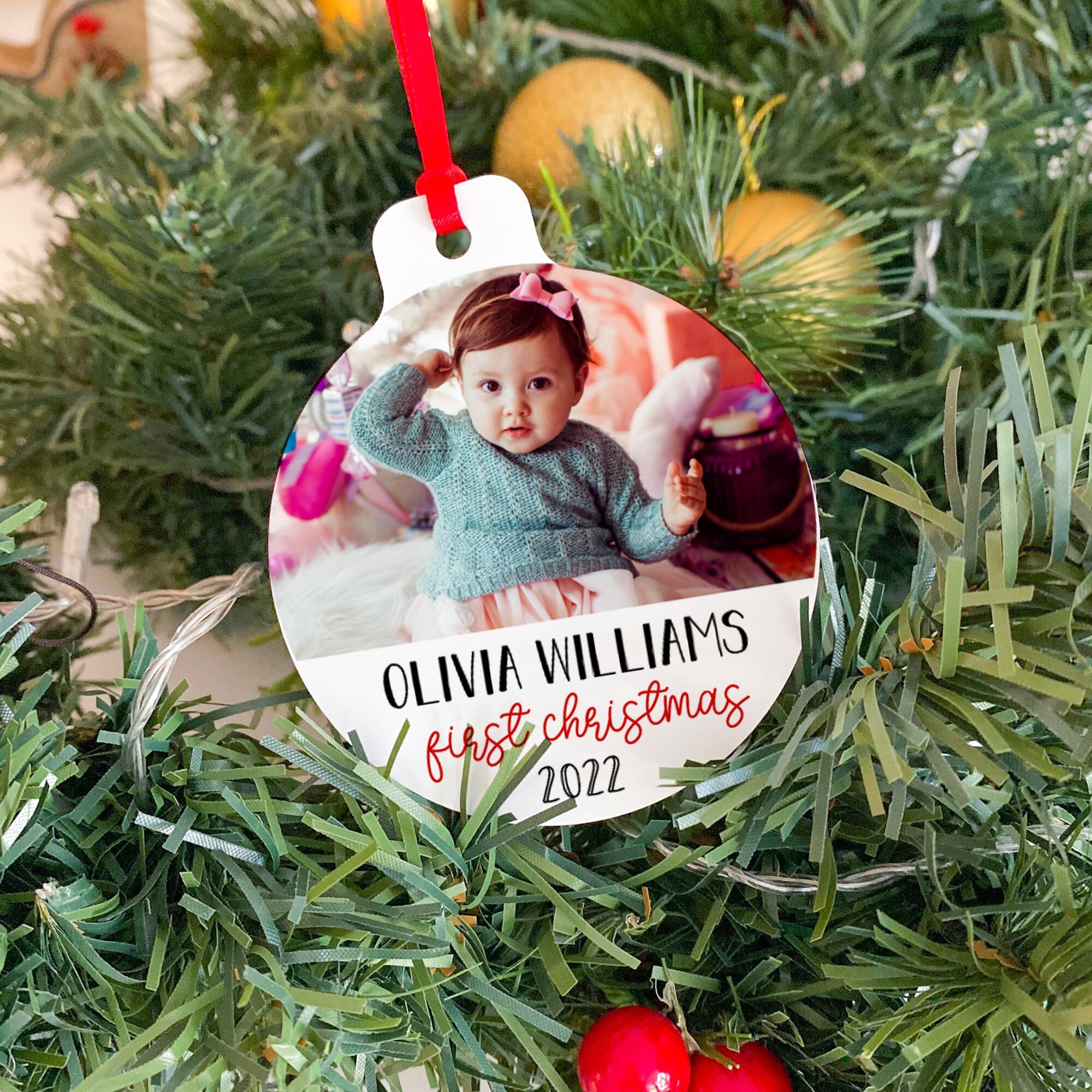 First Christmas Ornament with Photo, Flat Metal Bauble, Baby Kids First Xmas Keepsake With Name