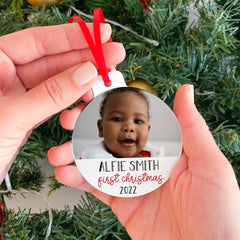 First Christmas Ornament with Photo, Flat Metal Bauble, Baby Kids First Xmas Keepsake With Name