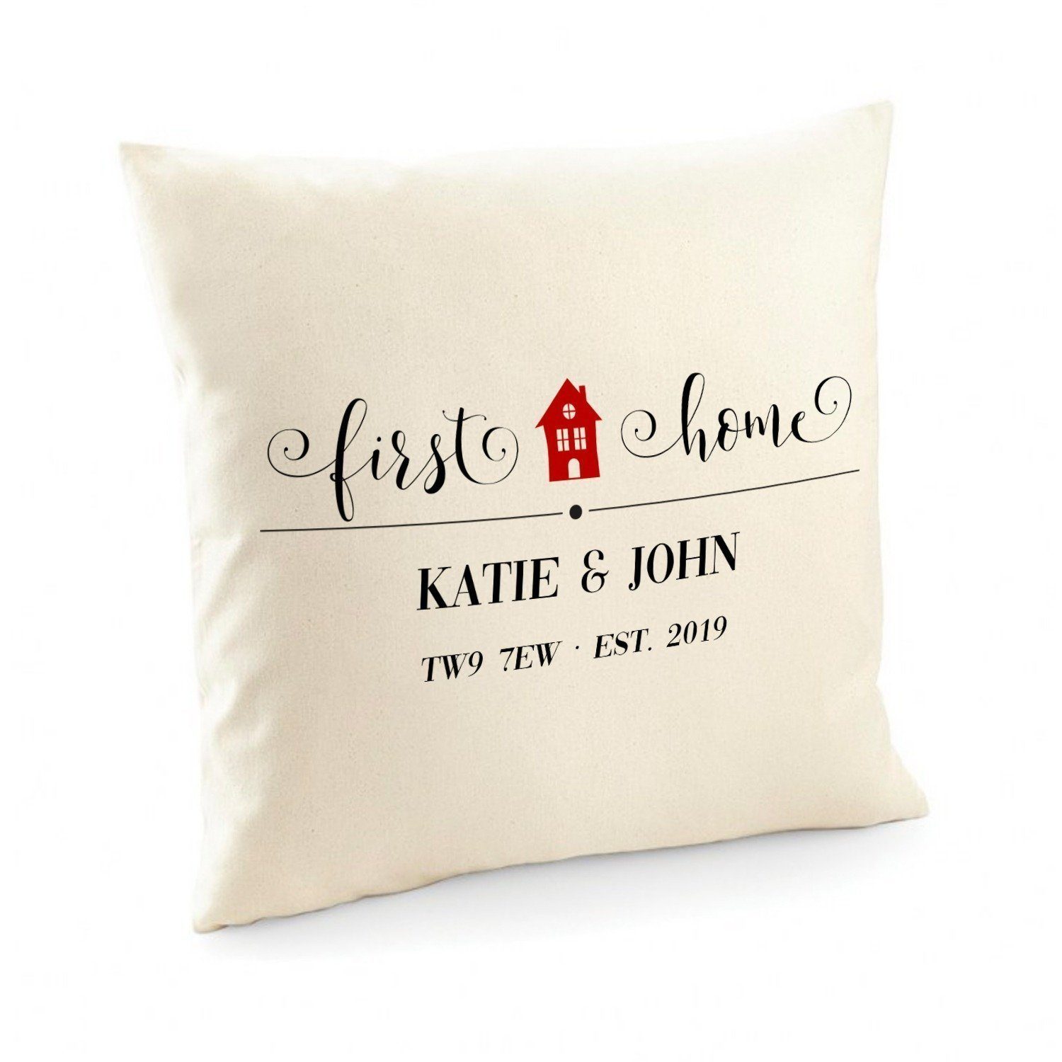 First Home Cushion Cover With Names, Date And Postcode, Gift For New Home