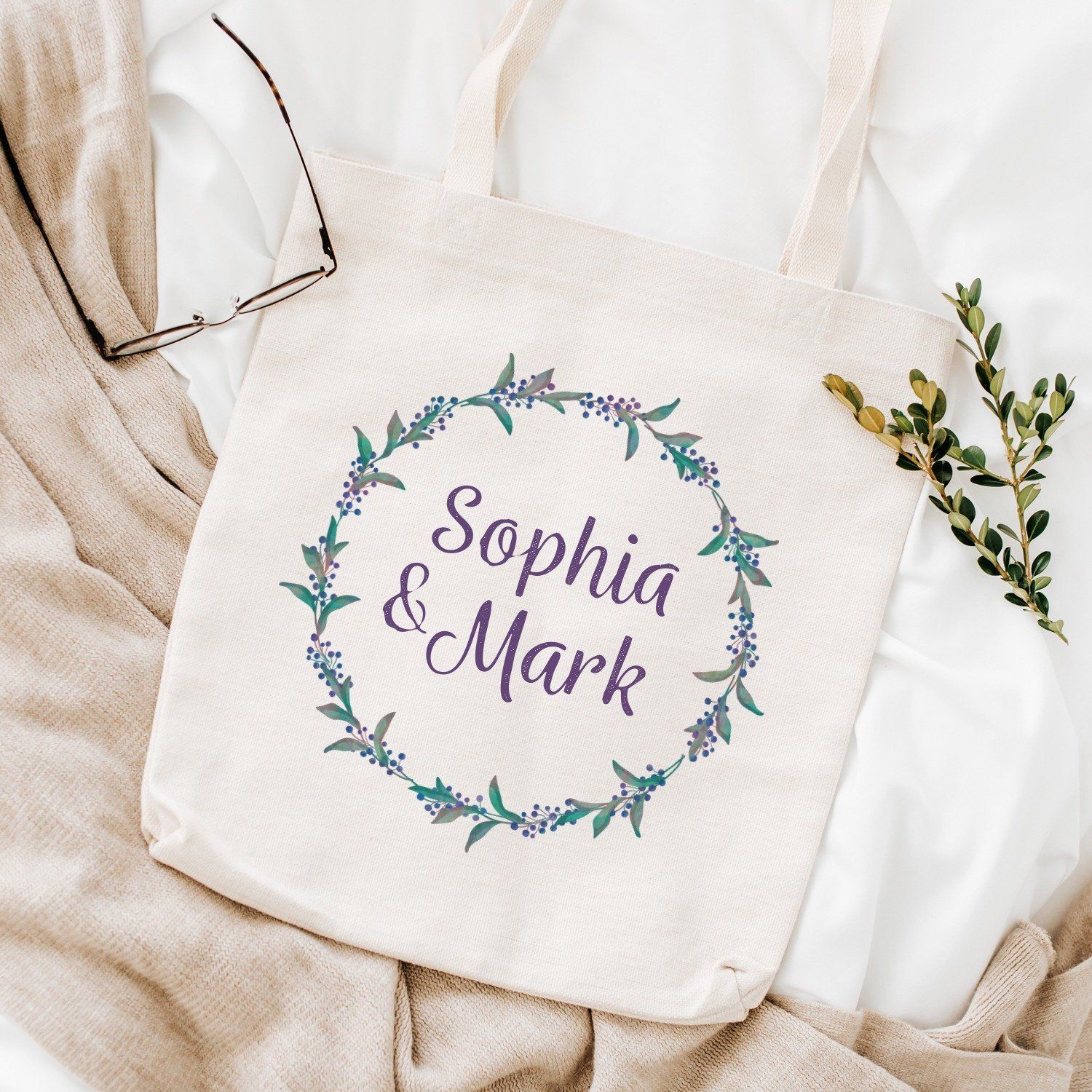 Floral Design Tote Bag With Couple Names, Gift For Women