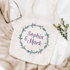 Floral Design Tote Bag With Couple Names, Gift For Women