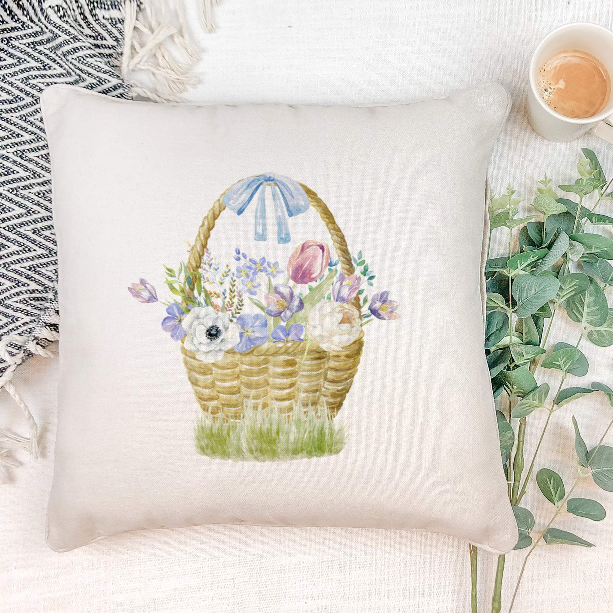 Flower basket cushion, Easter decor, Spring concept decoration, Bunny, flowers basket, Happy Easter pillow cover