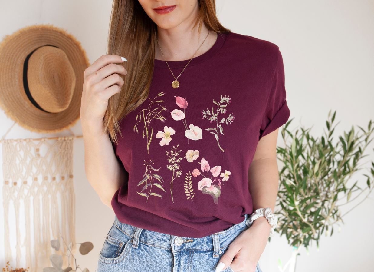 Flower t-shirt, Gift for her, Women trendy tshirt, Spring concept, Wild meadow flower nature tee