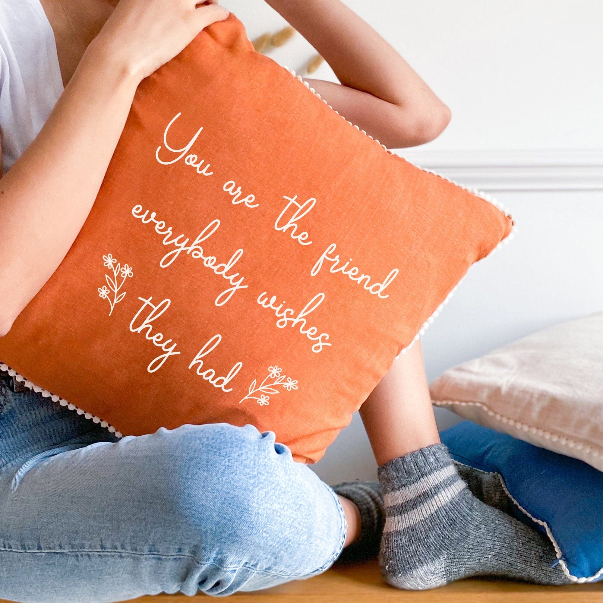 Friend Linen cushion with mini flower trim, Birthday gift for a friends, Christmas thank you present